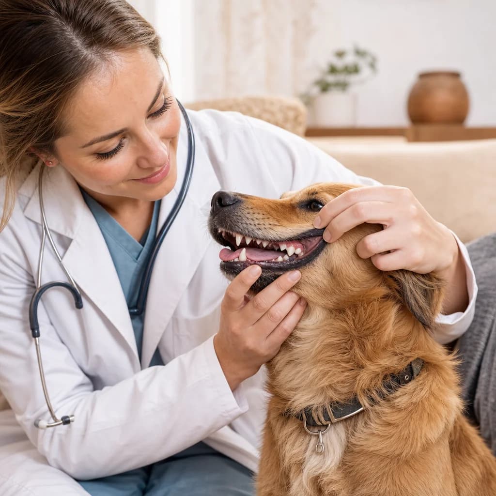 Veterinarian checking a calm dog’s teeth at home