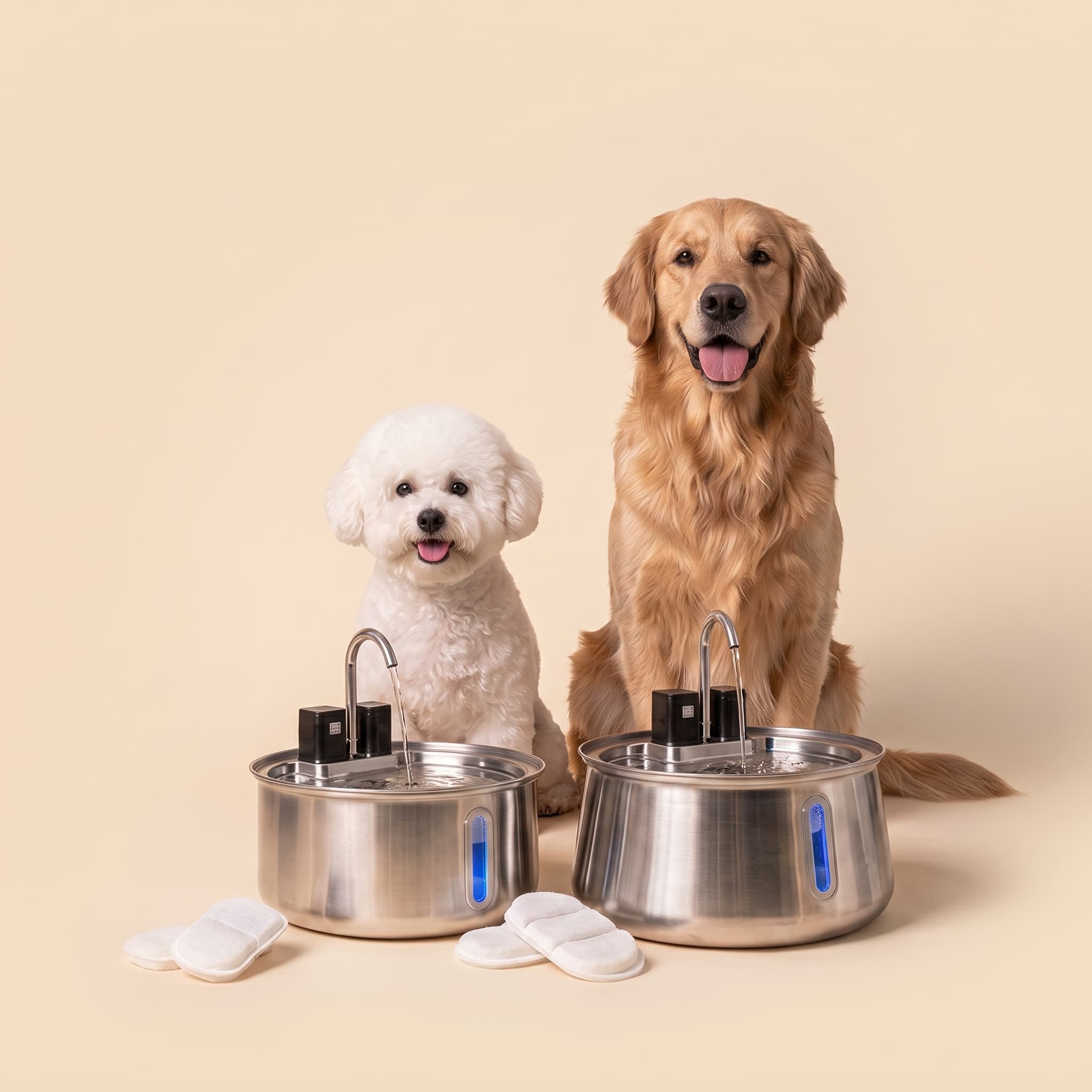 Two dogs beside stainless steel pet water fountains with the free gift bundle