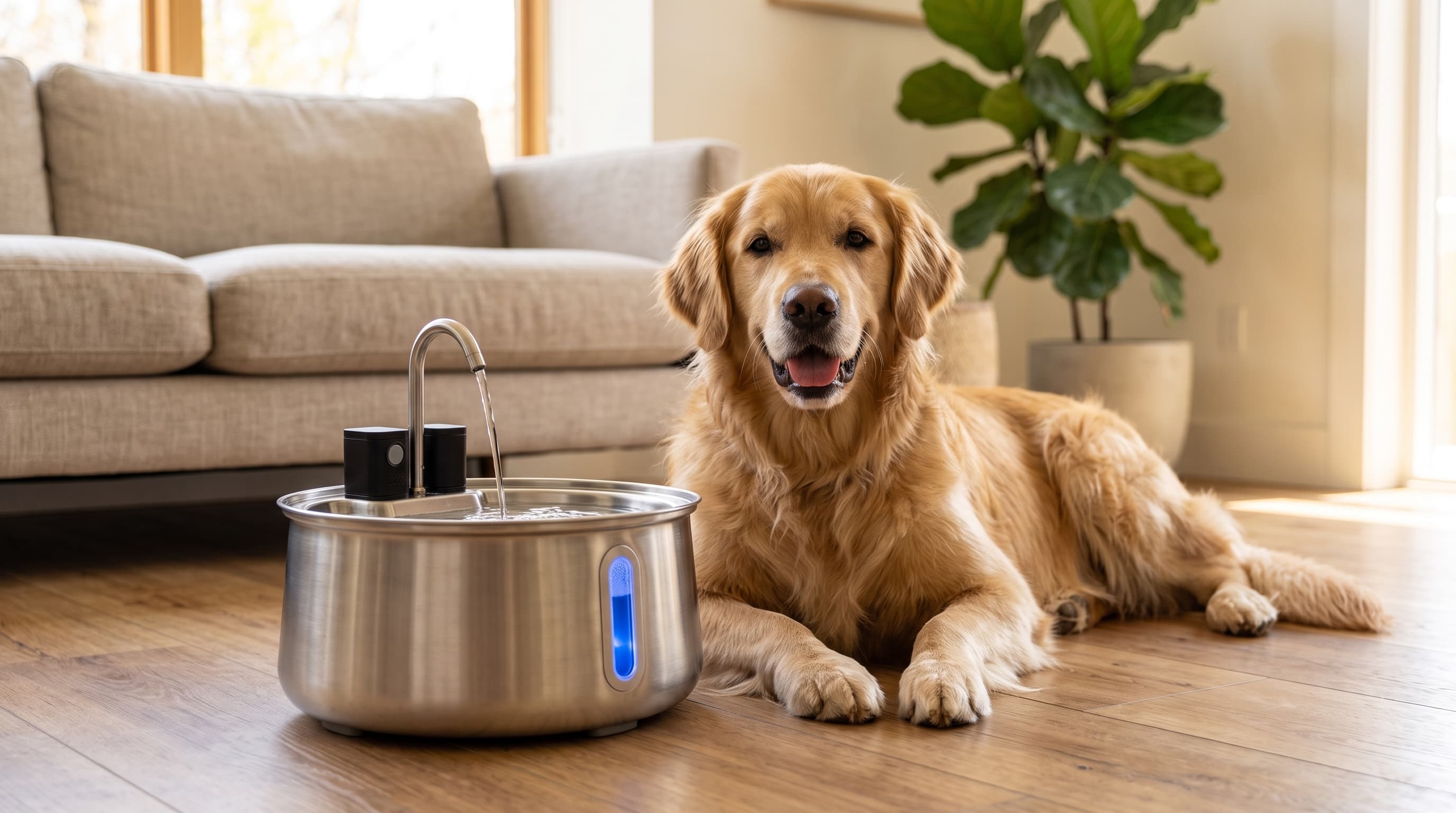 Golden retriever beside a stream of fresh flowing water